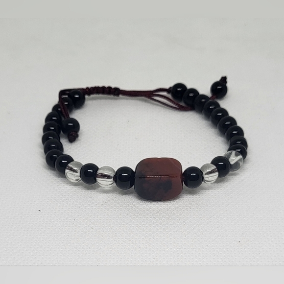 Jewelry - Onyx & Clear Quartz Bracelet w/ Red Jasper Center – Adjustable Shamballa